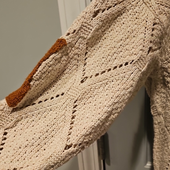 Vintage 80s Crochet Cardigan Long Cream Brown Knit Bohemian Large Retro Patches - Picture 12 of 12